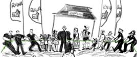 Rysunek wykonany przez Panią Bożenę Kłos przedstawiający zawody w przeciąganiu liną organizowane podczas pikniku.
