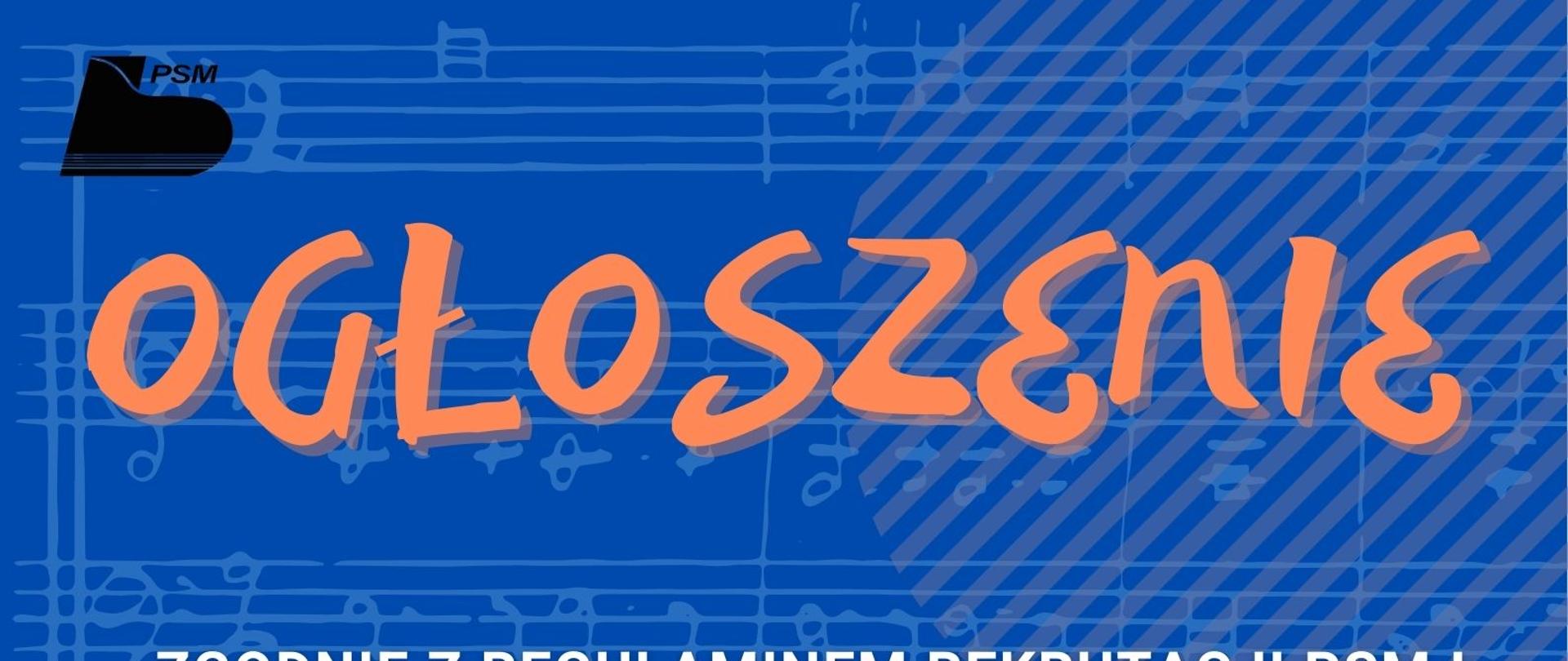 Granatowy plakat, białe litery, jasnobłękitny zarys nut, pomarańczowy napis na górze, zdjęcie budynku szkoły w prawym dolnym rogu.