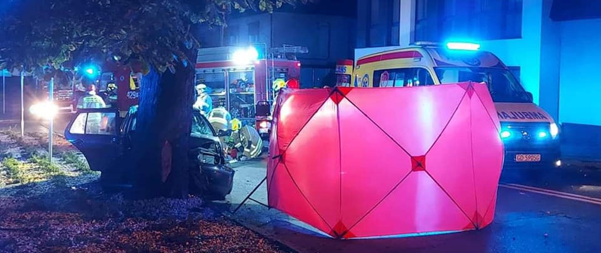 Pora nocna. Niebieskie światła samochodów służb ratowniczych rozświetlają teren akcji. Na pierwszym planie czerwony parawan oraz duże liściaste drzewo w które uderzyło przodem ciemne auto osobowe.Na dalszym planie karetka pogotowia i wóz strażacki.