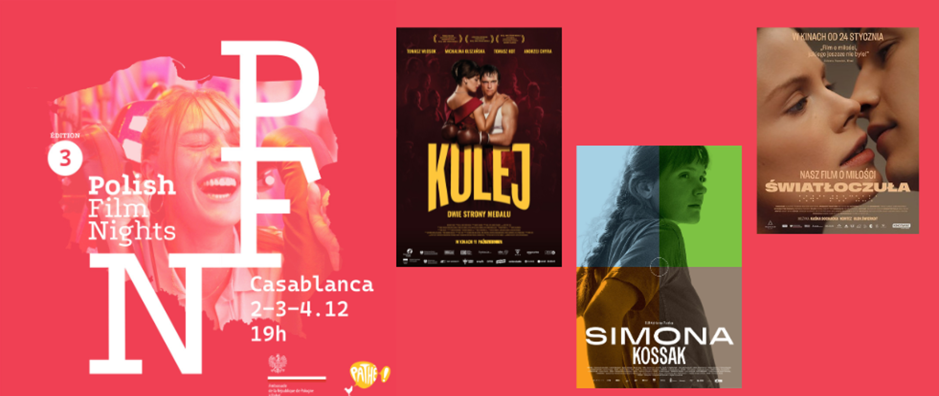 Po lewej afisz, czerwone tło, kontur mapy Polski, w nim twarz kobiety i napisy, następnie od lewej do prawej afisze filmów jakie będą pokazywane: Kulej, Simon i Światłoczuła