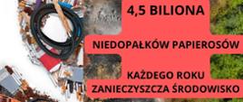 Grafika przedstawia krajobraz podzielony na pół. Z jednej strony jest zniszczony przez tyto ń z drugiej zdrowy i zielony. Napis: 4,5 biliona niedopałków papierosów każdego roku zanieczyszcza środowisko