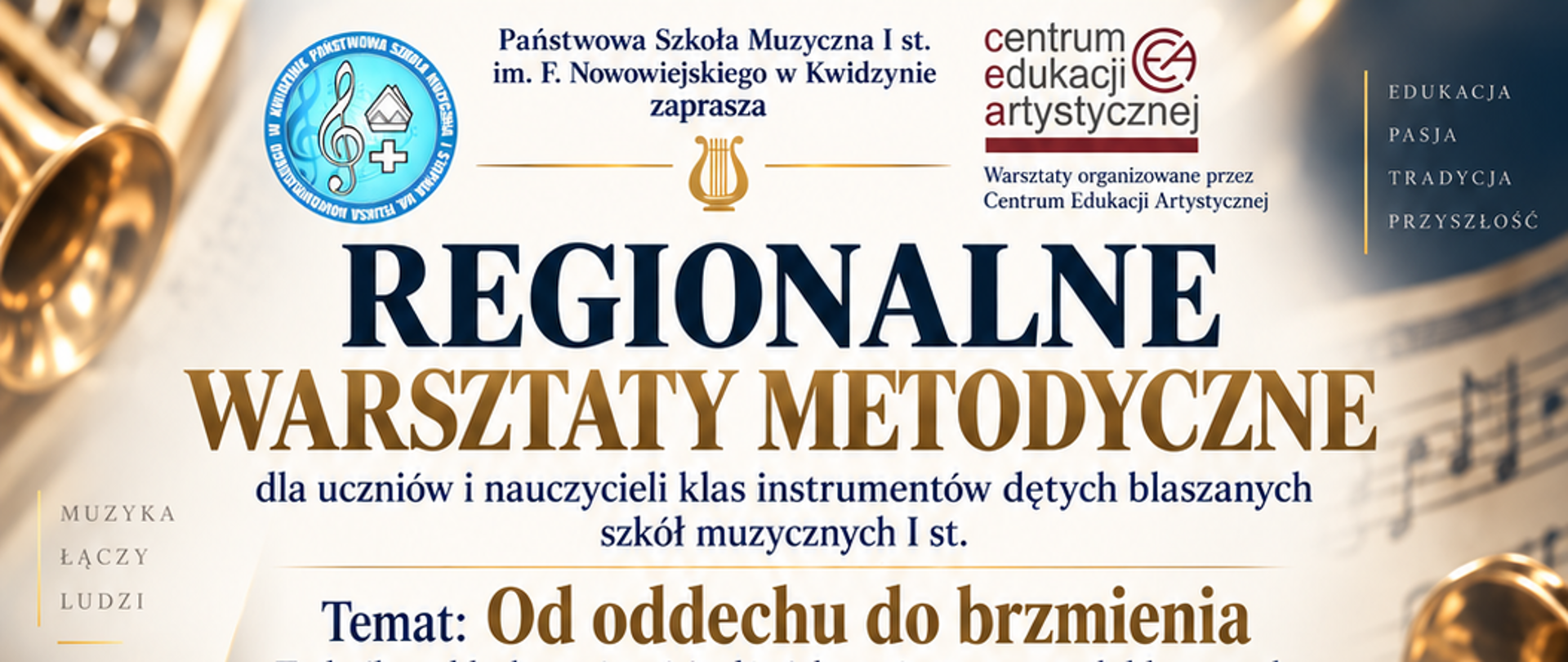 Plakat przedstawia wizerunki osób prowadzących warsztaty oraz informację o warsztatach , w tym termin oraz godzina, białe oraz złote napisy na atramentowym tle, na dole grafika kwidzyńskiego zamku.