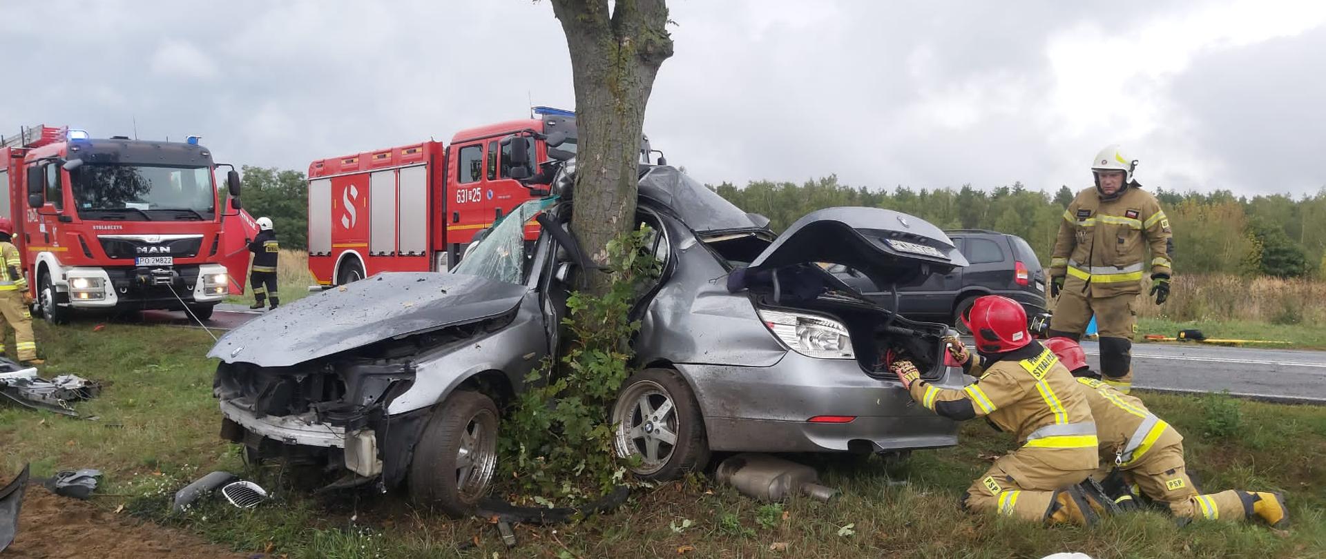 Na zdjęciu widać wrak pojazdu osobowego oraz strażaków działających przy tym wraku