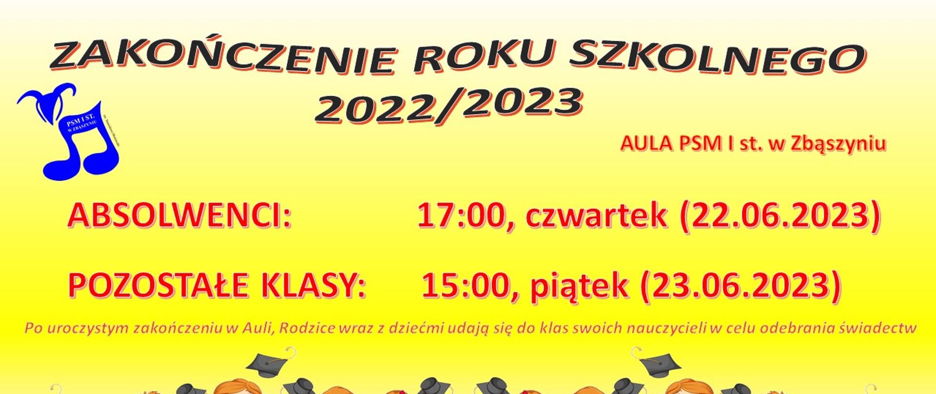 Informacja o zakończeniu Roku Szkolnego 2022/2023. Absolwenci 22 czerwca o 17:00, pozostałe klasy 23 czerwca o godzinie 15:00. Po uroczystym zakończeniu w Auli, Rodzice wraz z dziećmi udają się do klas swoich nauczycieli w celu odebrania świadectw.