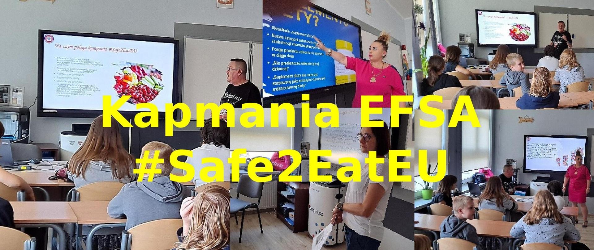 Zbiór zdjęć dzieci i prelegentów podczas pogadanki dotyczącej kampanii EFSA
