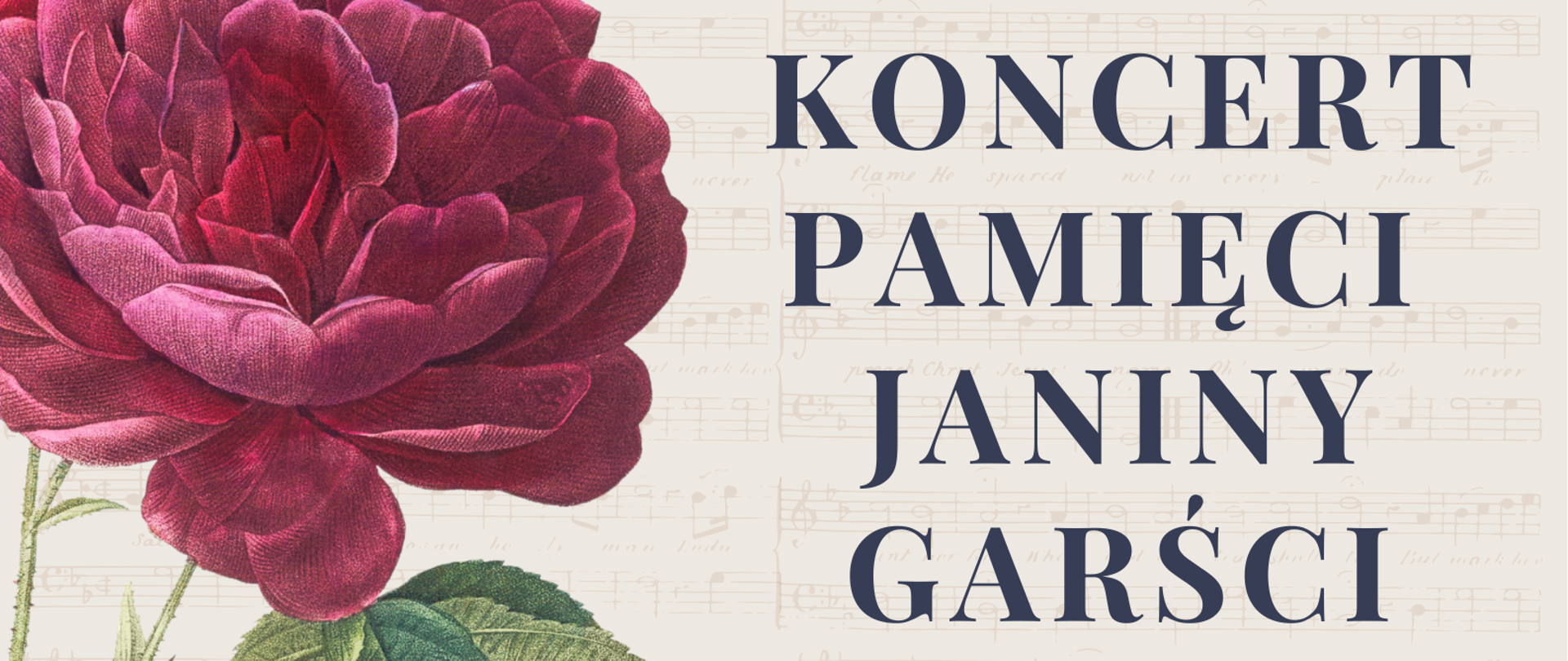 Afisz na koncert, na jasnym tle napis informacyjny, z lewej strony róża