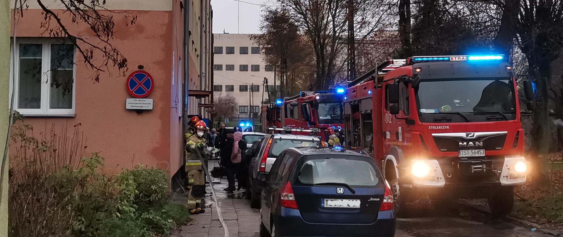 Strażacy zwijają linię gaśniczą po zakończonych działaniach, z prawej strony pojazdy pożarnicze