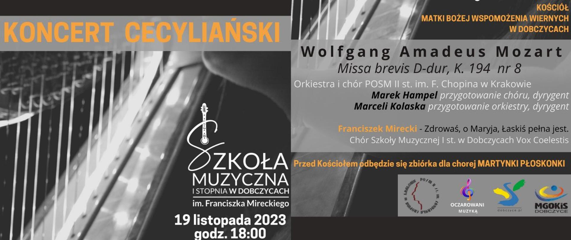 Plakat koncertu, w tle fragment harfy, tekst: koncert cecyliański, informacje o miejscu wydarzenia, programie koncertu i wykonawcach