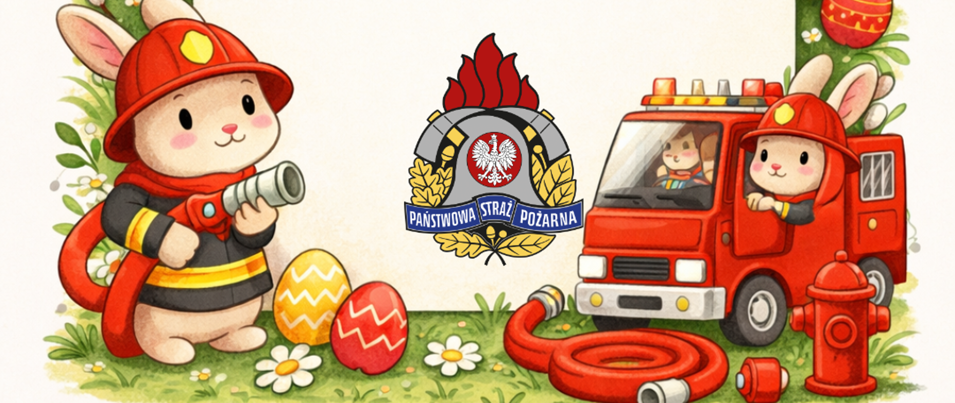 Kartka z życzeniami wielkanocnymi od Komendanta Miejskiego PSP w Gdyni. Czerwony samochód strażacki, którym jadą króliki przebrane za strażaków. Kolorowe jajka. Treść : Wielkanoc to czas, który przynosi nadzieję, spokój oraz wiele radości. Życzę Państwu, aby te świąteczne dni pozwoliły choć na moment zwolnić tempo, spojrzeć z refleksją na tom co już za nami, a także z optymizmem i siłą spojrzeć na wyzwania, które dopiero przed nami.