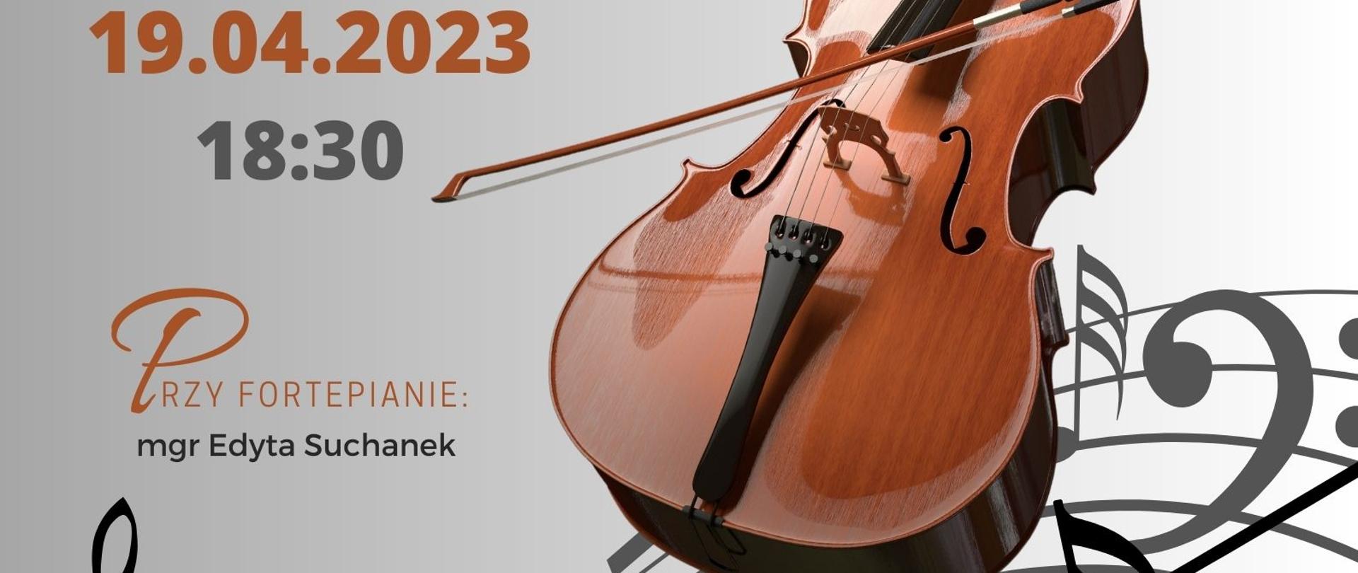 Wiolonczela na szaro białym tle w koło czarne nutki. Plakat popisu klasy wiolonczeli mgra Adama Markwicy, który odbędzie się 19 kwietnia 2023 roku o godzinie 18:30 w Sali Koncertowej PSM w Jastrzębiu-Zdroju, ul. Kościuszki 13a. Przy fortepianie: mgr Edyta Suchanek.