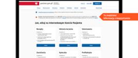 Wygląd strony Internetowego Konta Pacjenta z możliwością logowania i opisem funkcji takich jak recepty skierowania 