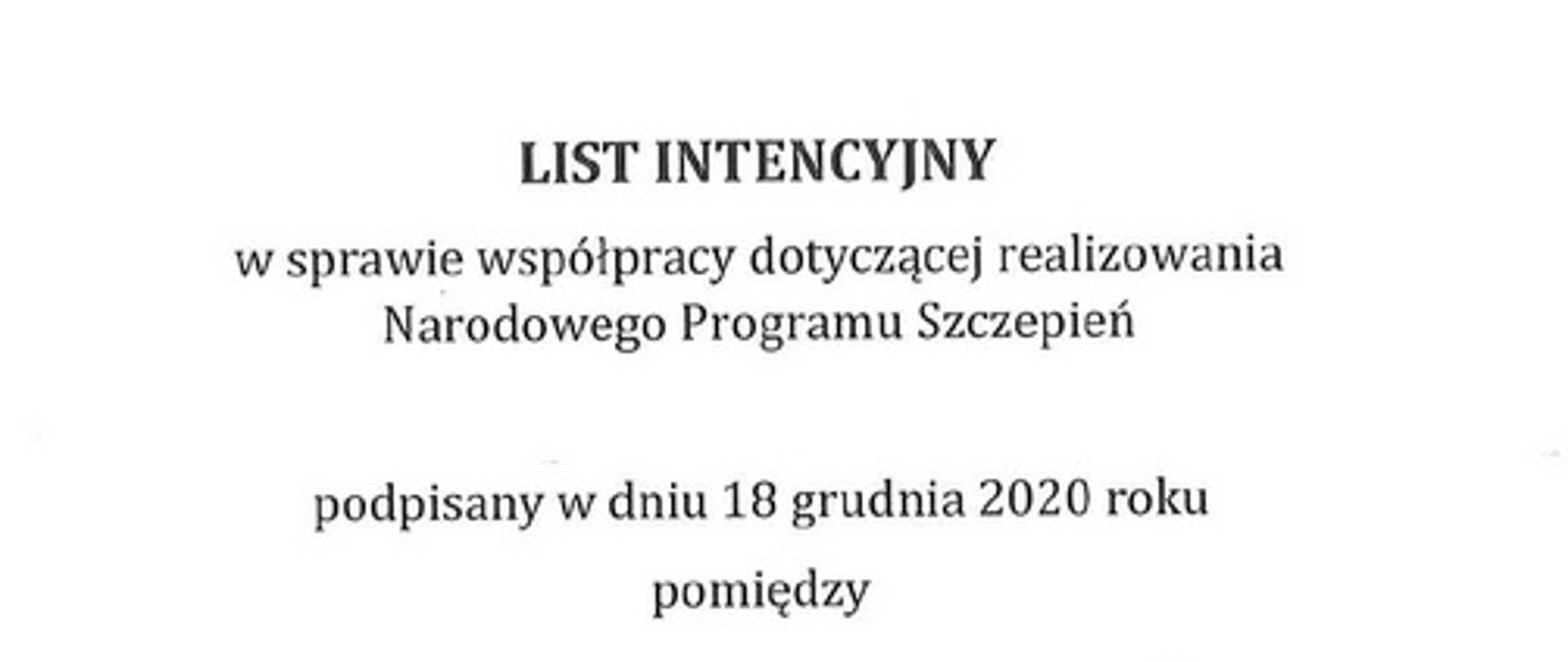 List intencyjny w sprawie współpracy realizowania Narodowego Programu Szczepień podpisany w dniu 18 grudnia 2020 roku.