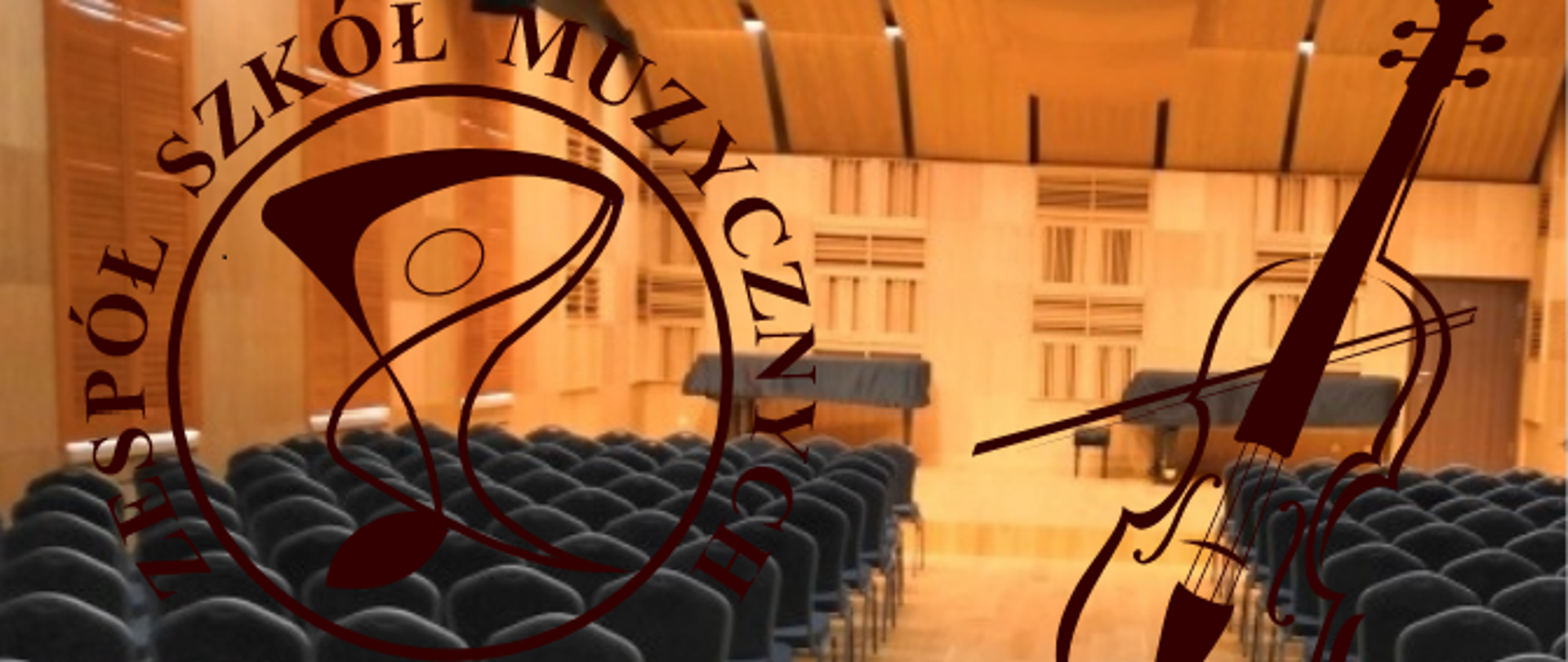 Na tle zdjęcia Sali Koncertowej loga Szkoły i Wiolonczeli.