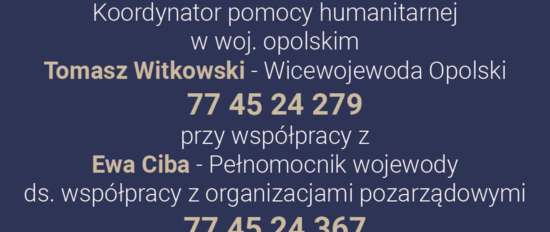 Plansza granatowa z informacjami dot. numerów kontaktowych do koordynatora pomocy humanitarnej w woj. opolskim