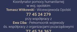 Plansza granatowa z informacjami dot. numerów kontaktowych do koordynatora pomocy humanitarnej w woj. opolskim