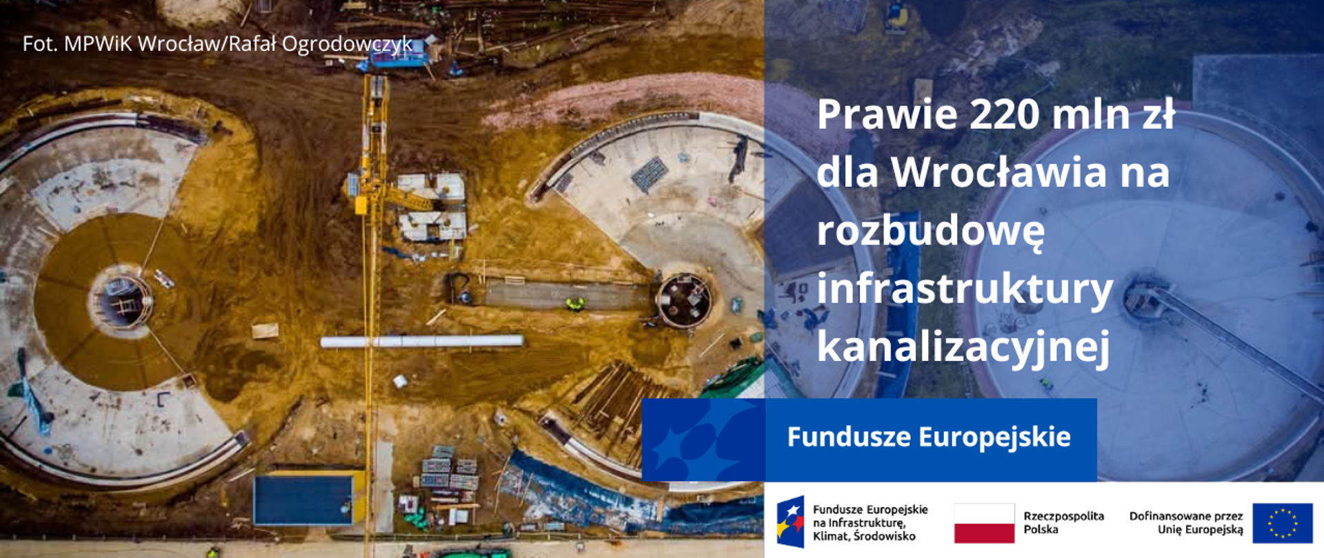 Widok z lotu ptaka urządzeń budowlanych, terenu budowy i elementów przyszłej rozbudowywanej oczyszczalni ścieków. 