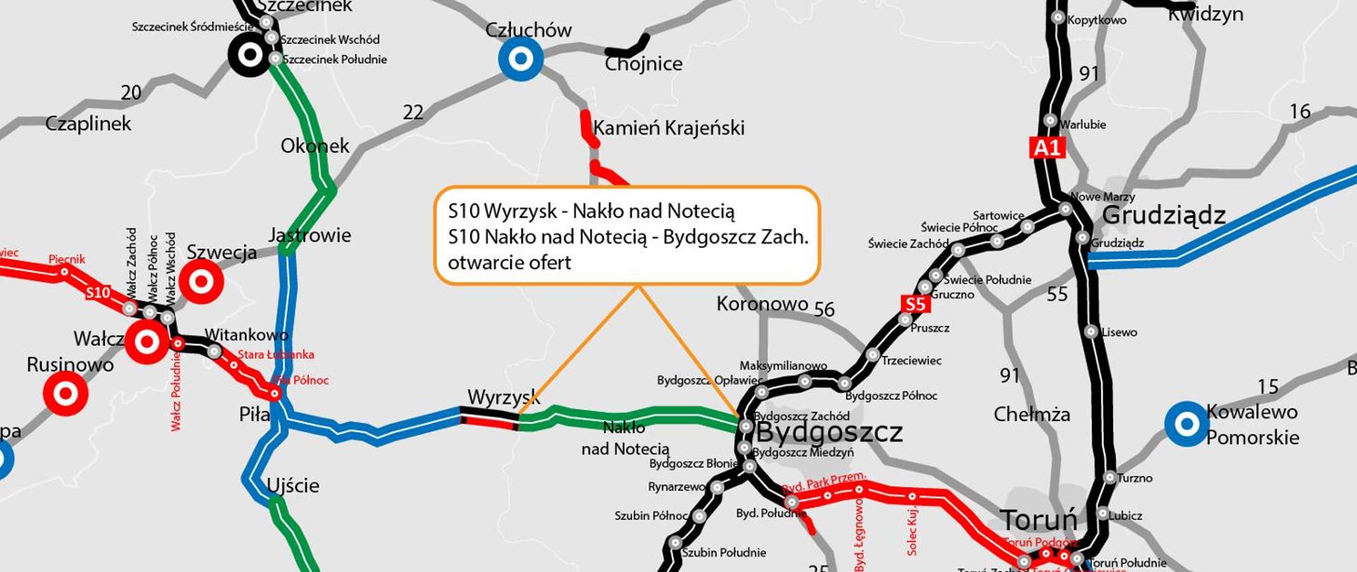 Schematyczna mapa północno-zachodniej i środkowej Polski przedstawiająca sieć dróg krajowych i ekspresowych w okolicach Bydgoszczy, Torunia, Piły, Szczecinka oraz Grudziądza. Poszczególne odcinki tras oznaczono różnymi kolorami: czerwonym, zielonym, niebieskim i czarnym. Na środku umieszczono ramkę z opisem inwestycji „S10 Wyrzysk – Nakło nad Notecią, S10 Nakło nad Notecią – Bydgoszcz Zach., otwarcie ofert”. Widoczne są nazwy miast, numery dróg oraz graficzne zaznaczenia planowanych i istniejących odcinków.