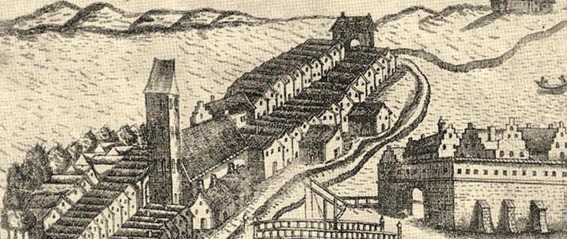 Rycina przedstawia miasto Ełk w roku 1684 roku, widać mury miasta, zabudowę miejską, wieżę kościoła oraz wyspę wraz z zamkiem.