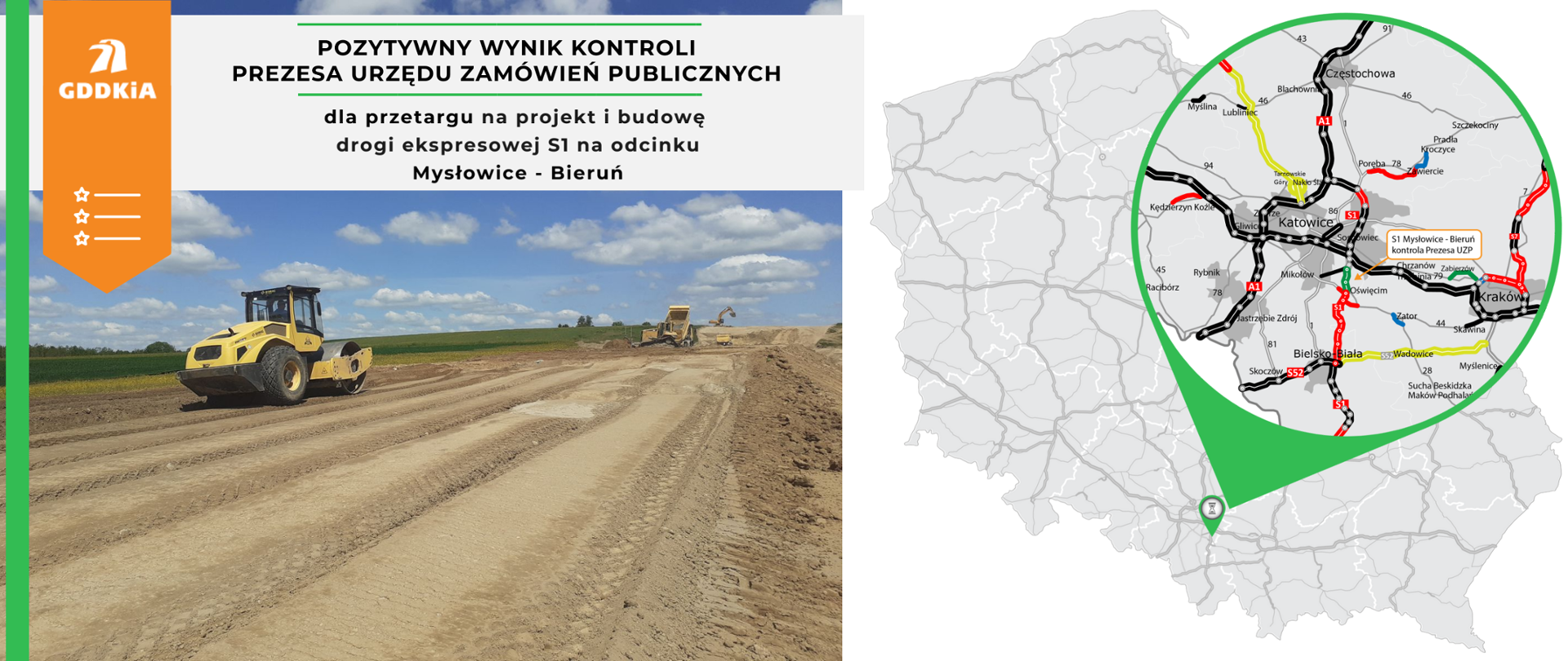 GDDKiA. Ostatni krok do podpisania umowy na realizację S1 Mysłowice - Bieruń. Mapa stanu budowy dróg ze wskazaniem odcinka. 