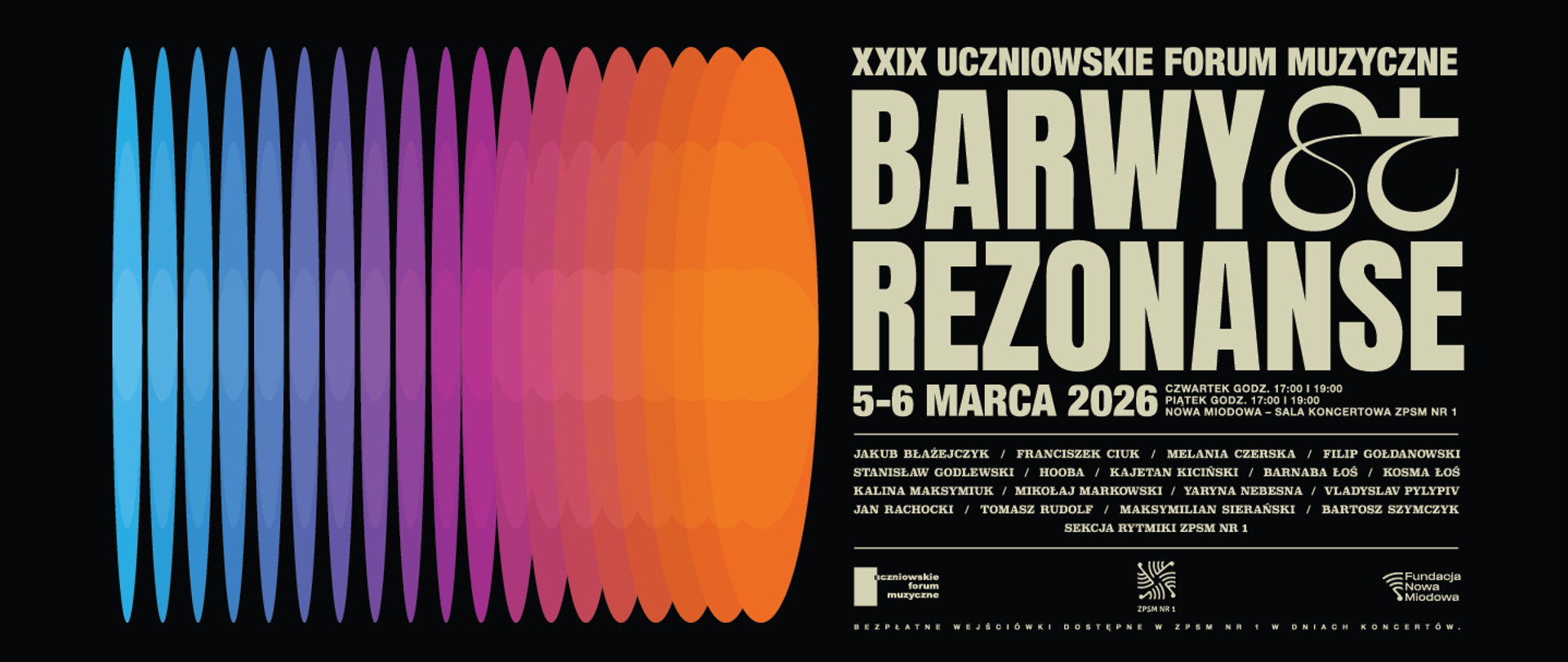 Plakat wydarzenia „Barwy i Rezonanse” – XXIX Uczniowskie Forum Muzyczne, 5–6 marca 2026, Nowa Miodowa – Sala Koncertowa ZPSM Nr 1 w Warszawie.