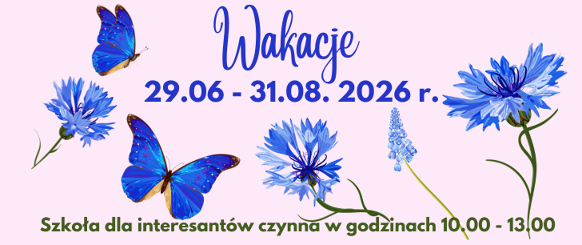 Grafika informacyjna. Na bladoróżowym tle, niebieskie chabry, motyle oraz napis Wakacje 29.06 - 31.08.2026 r.. Na dole umieszczony zielony napis: Szkoła dla interesantów czynna w godzinach 10.00 - 13.00