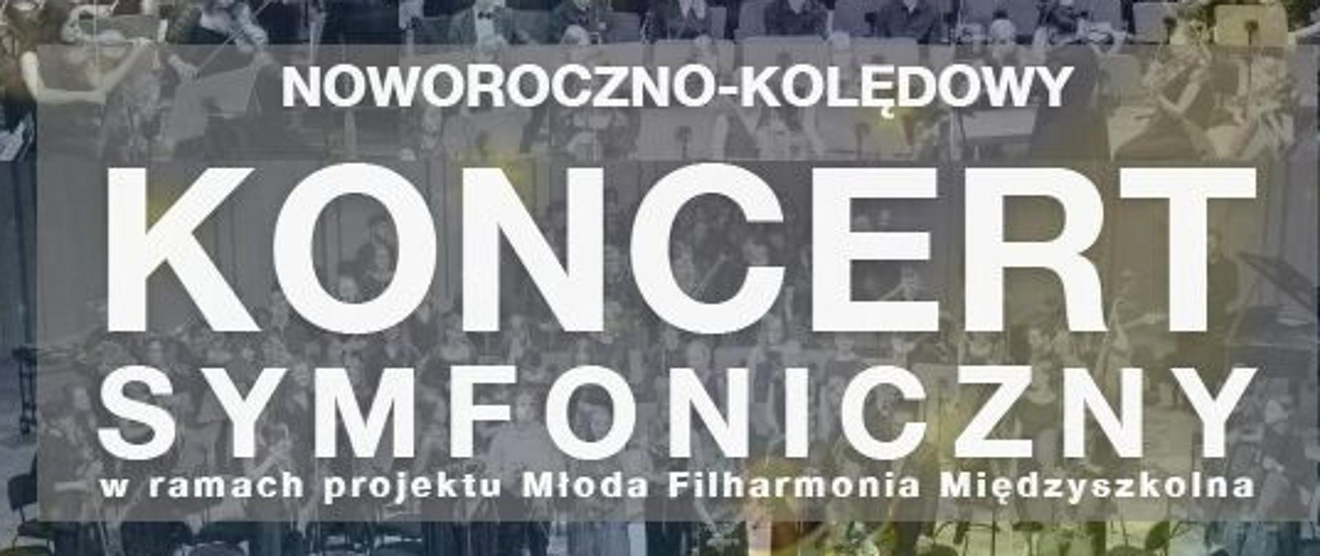 Biały tekst będący zapowiedzią koncertu symfonicznego z udziałem solistów i orkiestry symfonicznej . W tle kolaż zdjęciowy członków orkiestry. W nagłówku logo szkoły w Żorach i Sosnowcu. W tekst wpleciony baner zwiastujący kiermasz rękodzieła z warsztatu terapii zajęciowej.