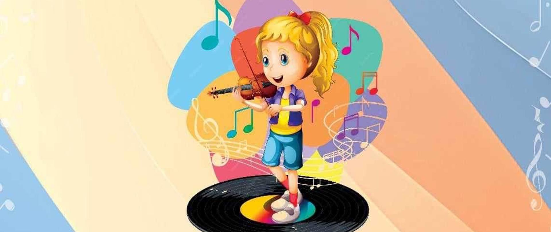 Plakat informujący o cyklu koncertów "Kto tak pięknie gra?" odbywających się w Galerii Starówka w wykonaniu uczniów PSM I i II stopnia oraz OSM I stopnia w Stargardzie. Na plakacie w centralnym punkcie umieszczony jest rysunek dziewczynki grającej na skrzypcach. Plakat posiada kolorowe niebiesko-morelowe tło.