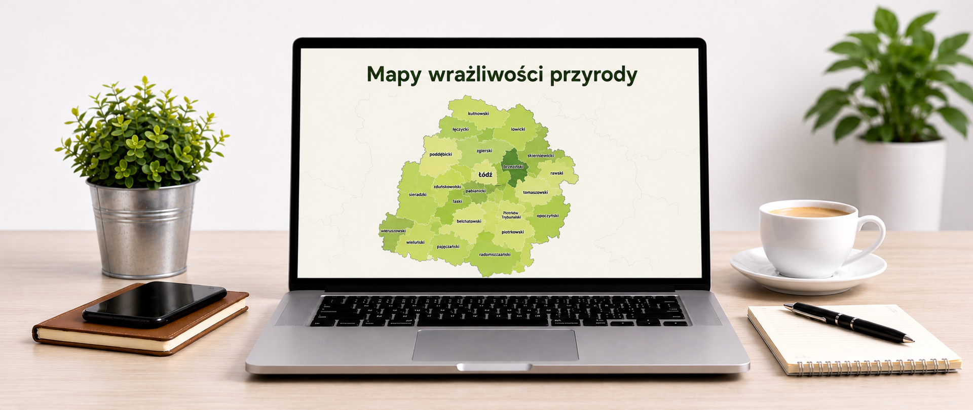 Minimalistyczne stanowisko pracy z laptopem ustawionym na jasnym biurku. Na ekranie laptopa widoczna jest mapa województwa łódzkiego z tytułem "Mapy wrażliwości przyrody".