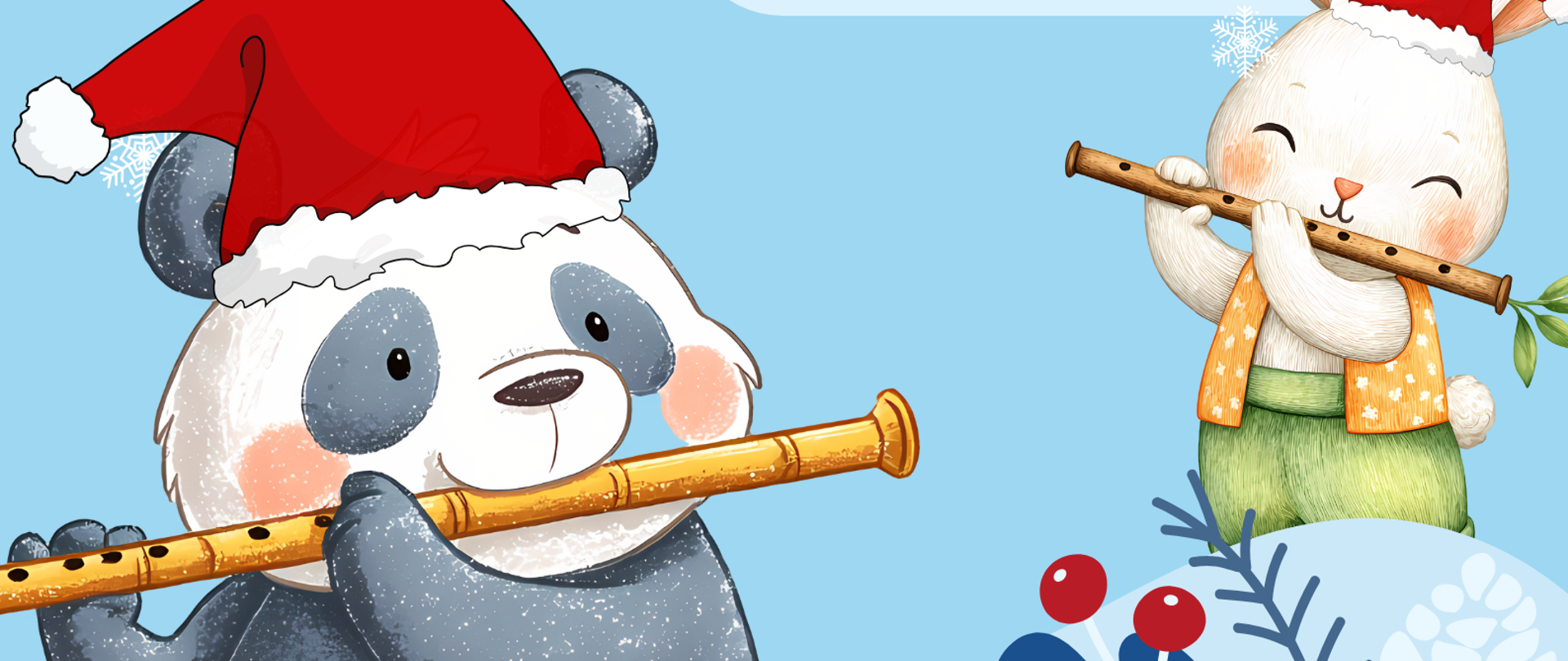 Na plakacie są dwie pandy grające na flecie wśród świątecznych lampek oraz informacje o czasie i miejscu koncertu