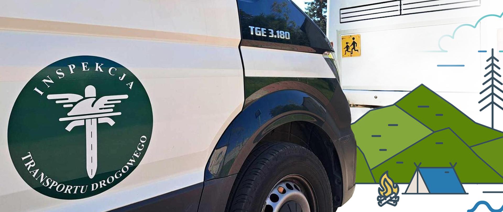 Grafika z hasłem Bezpieczny autokar. Na dole znajduje się duża ilustracja autokaru, a wokół niej rozmieszczono ikony kierowcy, zegara, pasażera z zapiętym pasem, znaku dzieci, walizki. Grafika przedstawia zasady bezpiecznego podróżowania autokarem: możliwość zgłoszenia autokaru do kontroli przed wyjazdem, obowiązkowe przerwy kierowcy po 4,5 godziny jazdy, konieczność zapinania pasów bezpieczeństwa, właściwe zachowanie pasażerów podczas jazdy, ostrożność podczas postojów, planowanie podróży z uwzględnieniem czasu pracy kierowcy i kontroli pojazdu, oznakowanie autokarów przewożących dzieci oraz utrzymywanie wolnych przejść i wyjść ewakuacyjnych. W lewym dolnym rogu widoczne jest logo Inspekcji Transportu Drogowego.

