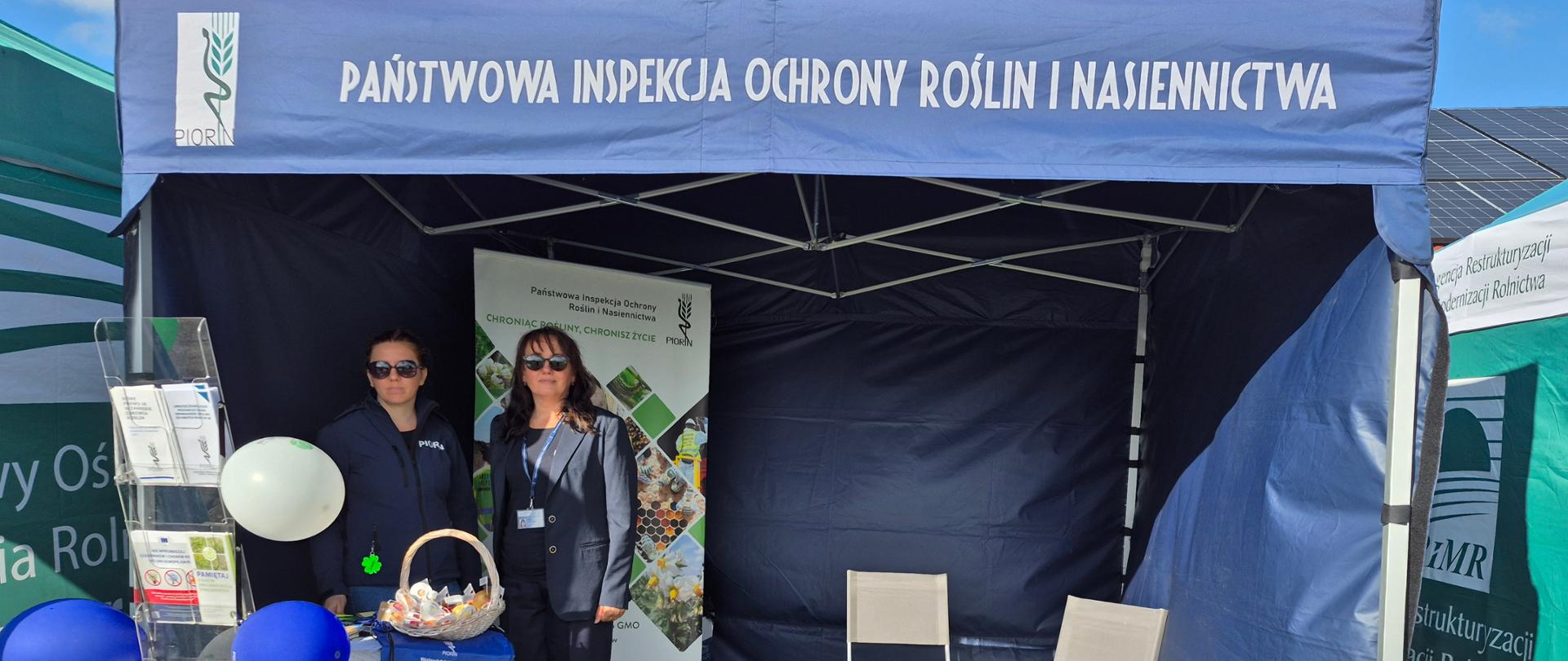Dwie kobiety w okularach słonecznych stoją pod namiotem handlowym "Państwowej Inspekcji Ochrony Roślin i Nasiennictwa" na tle jesiennych dekoracji i balonów w kolorach granatu i bieli.