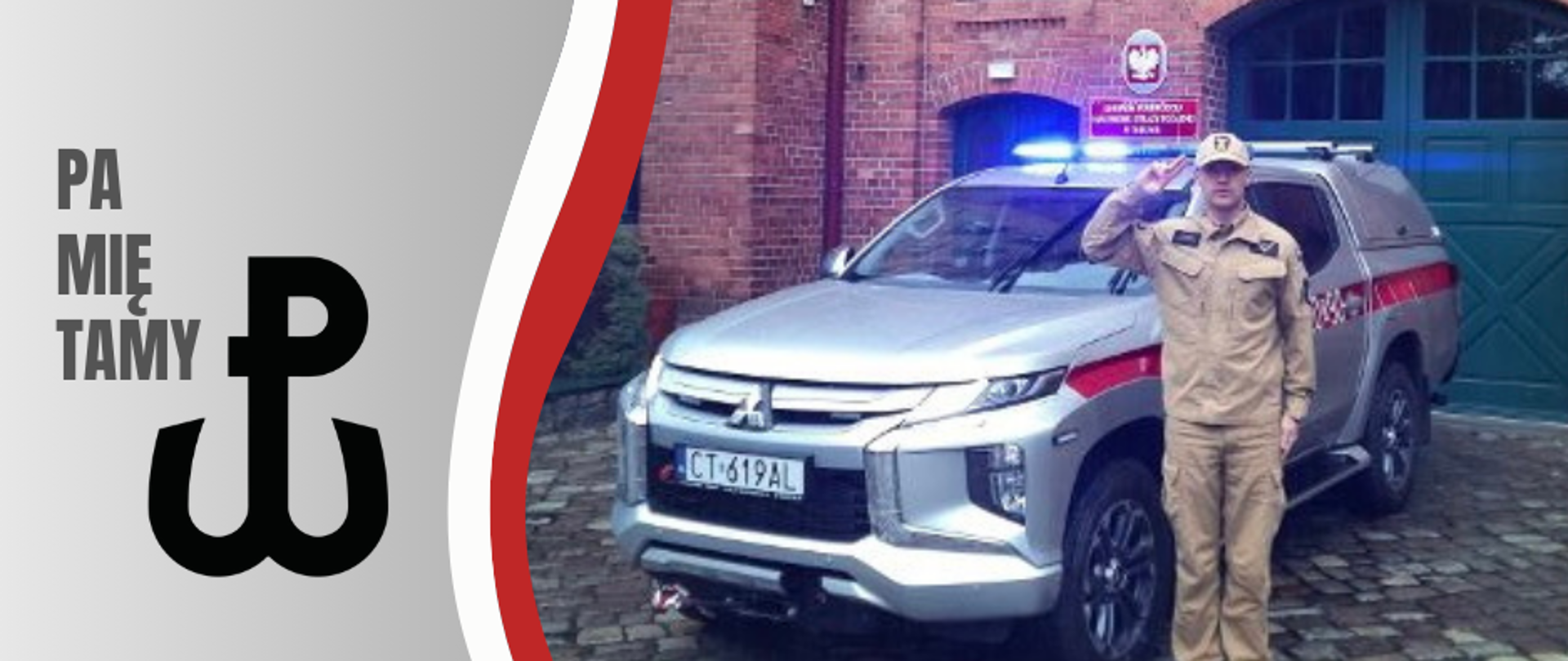 baner okolicznościowy - zdjęcie strażaka przy pojeździe, flaga narodowa i znak Polski Walczącej.