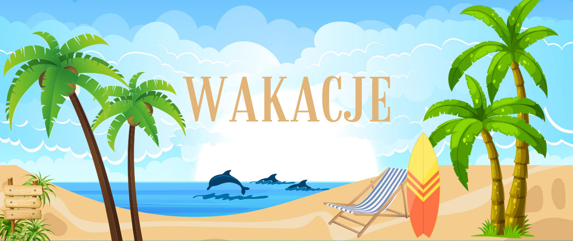 Obrazek przedstawia plaże nad morzem. W morzu pływają trzy delfiny. Na plaży rosną palmy, stoi leżak i deska do pływania.