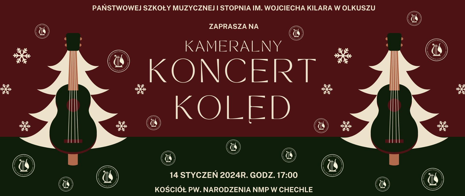 Bordowo czarne tło, choinki z gitarą po bokach, białe napisy