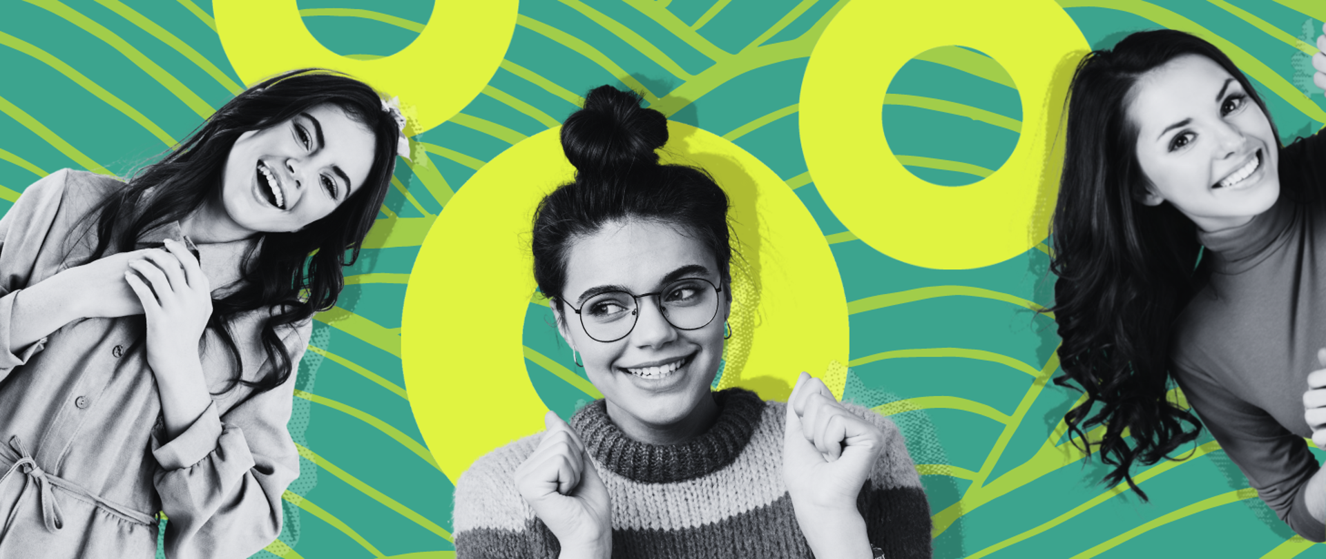 Na ilustracji czarno-białe zdjęcia trzech uśmiechniętych kobiet. W tle zielono-żółta kompozycja graficzna.