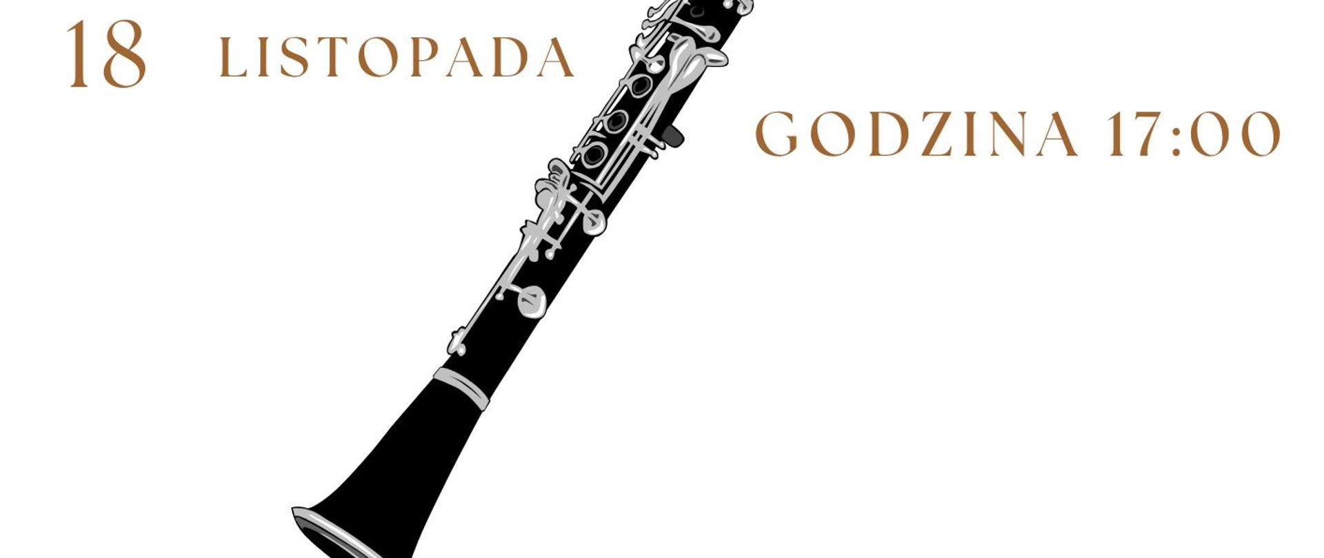 Plakat przedstawia czarny klarnet oraz informację,że audycja klasy klarnetu odbędzie się 18 listopada o godzinie 17:00