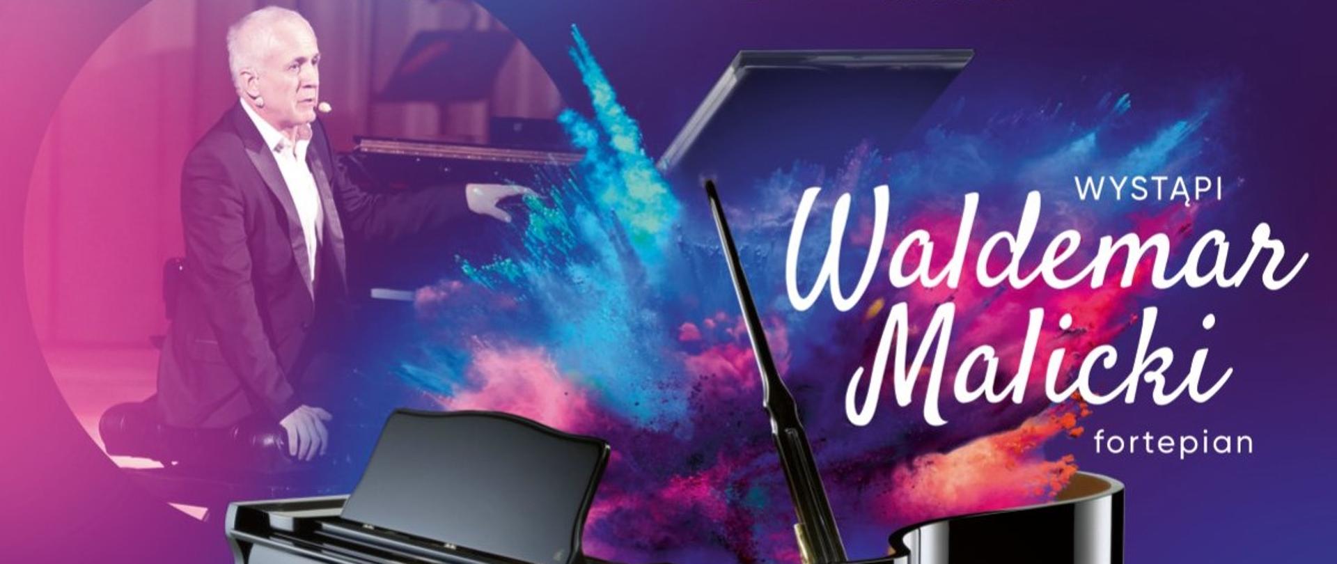 U góry plakatu białą czcionką informacja: "W ramach XVII Wiosennej Gali Koncertowej Koncert Inauguracyjny nowej sali koncertowej przy Państwowej Szkole Muzycznej I stopnia im. Mazurka Dąbrowskiego w Kościerzynie 15 marca 2023 17:00" Poniżej czarny fortepian i wizerunek mężczyzny w czarnym garniturze. Po prawej stronie fortepianu biały napis "wystąpi Waldemar Malicki fortepian". U samego dołu loga: organizatora, inwestor obiektu, wykonawca i sponsorzy. Na samym dole pod logami nazwa zadania: "Rozbudowa budynku Państwowej Szkoły Muzycznej I stopnia im. Mazurka Dąbrowskiego w Kościerzynie o salę koncertową wraz z zapleczem".