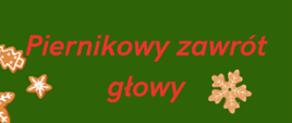 Plakat informujący o warsztatach dekorowania pierników, zielone tło, czerwone napisy, grafika przedstawiająca ciasteczka piernikowe w różnych kształtach