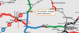 Mapa odcinka S11 Jastrowie-Podgaje z informacją o wyborze wykonawcy. Odcinek zaznaczono na tle sieci dróg w rejonie Jastrowia, Szczecinka i Piły.