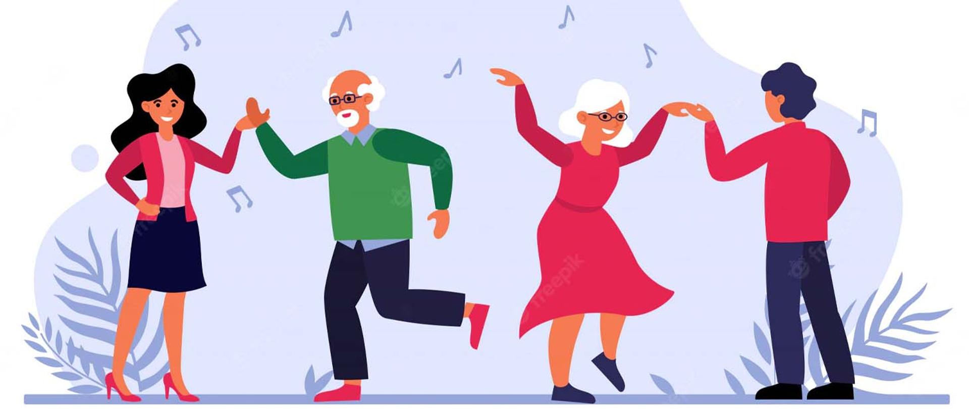 Grafika przedstawiająca tańczące cztery osoby, dwie z nich to osoby starsze. Za nimi w powietrzu kilka nut.