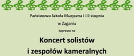 Na zielonym tle, w centralnej części symbol klucza wiolinowego oraz grafika symbolizująca pięciolinię. Na dole klucze wiolinowe tworzące rząd przez szerokość całej strony.