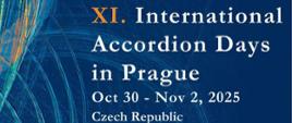 Plakat z Konkursu akordeonowego w Pradze. Granatowe tło z białymi napisami.
