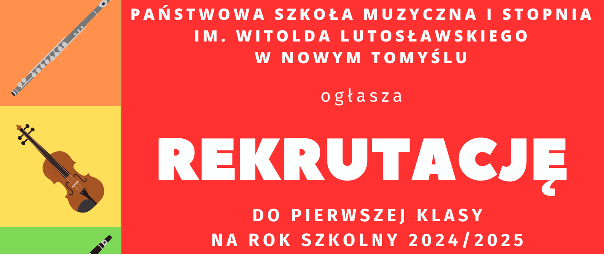 Plakat w wielu kolorach. W górnej jego części oraz z jego lewej strony, znajdują się kwadraty, a w nich pojedynczo przedstawione zostały grafiki z instrumentami, na których dzieci mogą pobierać naukę w PSM w Nowym Tomyślu. Pośrodku na czerwonym tle znajduje się biały napis informujący o ogłoszeniu rekrutacji do klasy pierwszej na rok szkolny 2024/2025. Poniżej znajduje się ciemnożółty prostokąt a w nim wymienione zostały instrumenty, na których dzieci mogą się uczyć grać. Pod tą informacją znajduje się prostokąt w kolorze pomarańczowym, w którym wpisane zostały terminy, godziny oraz miejsce przesłuchań wstępnych. W dolnej części plakatu znajduje się czerwony plakat a w nim wpisano numer telefonu oraz możliwość znalezienia szczegółowych informacji na stronie internetowej szkoły. Z lewej strony na samym dole plakatu znajduje się prostokątne logo szkoły.