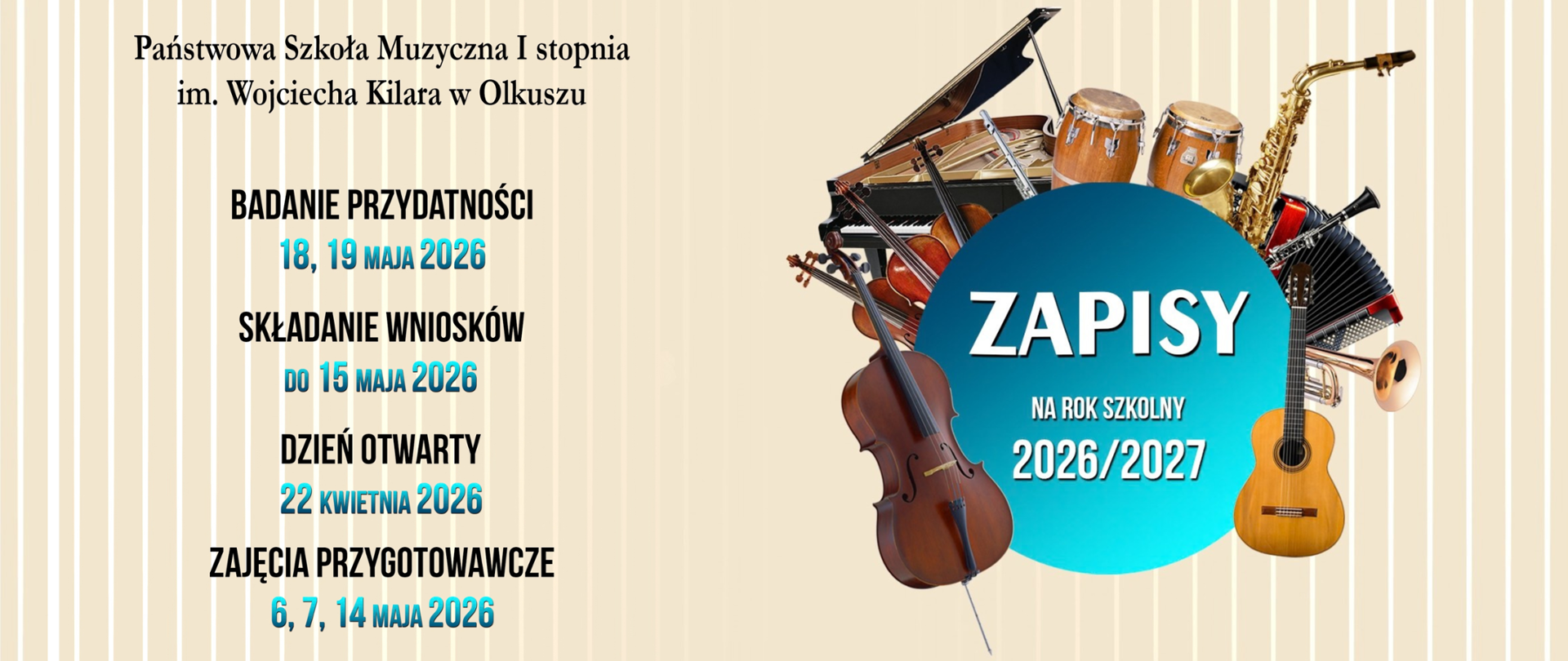 beżowe tło z białymi paskami, po prawej stronie niebieskie koło z białymi napisami i wokół różne instrumenty, z lewej czarne i niebieskie napisy