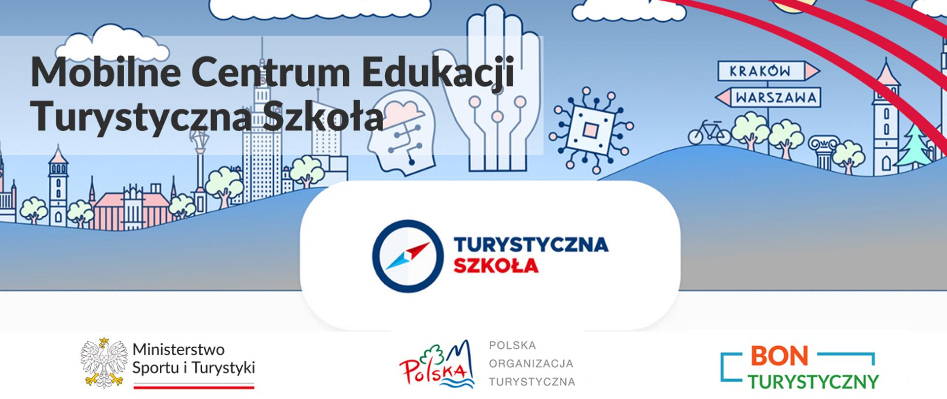 Na grafice znajdują się logotypy Ministerstwa Sportu i Turystyki, Polskiej Organizacji Turystycznej i Bonu Turystycznego. W lewym górnym rogu znajduje się napis "Mobilne Centrum Edukacji Turystyczna Szkoła", a w prawym górnym rogu trzy równoległe względem siebie czerwone łuki. 