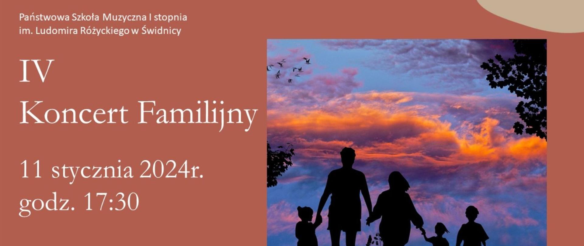 Plakat informujący o koncercie. Brązowe tło, po prawej na gurze zdjęcie 3 osobowej rodziny . Napisy -biała czcionka na całej wielkości plakatu. Po środku nuty w kolorze ciemnobrązowym z żółtym i niebieskim cieniem.