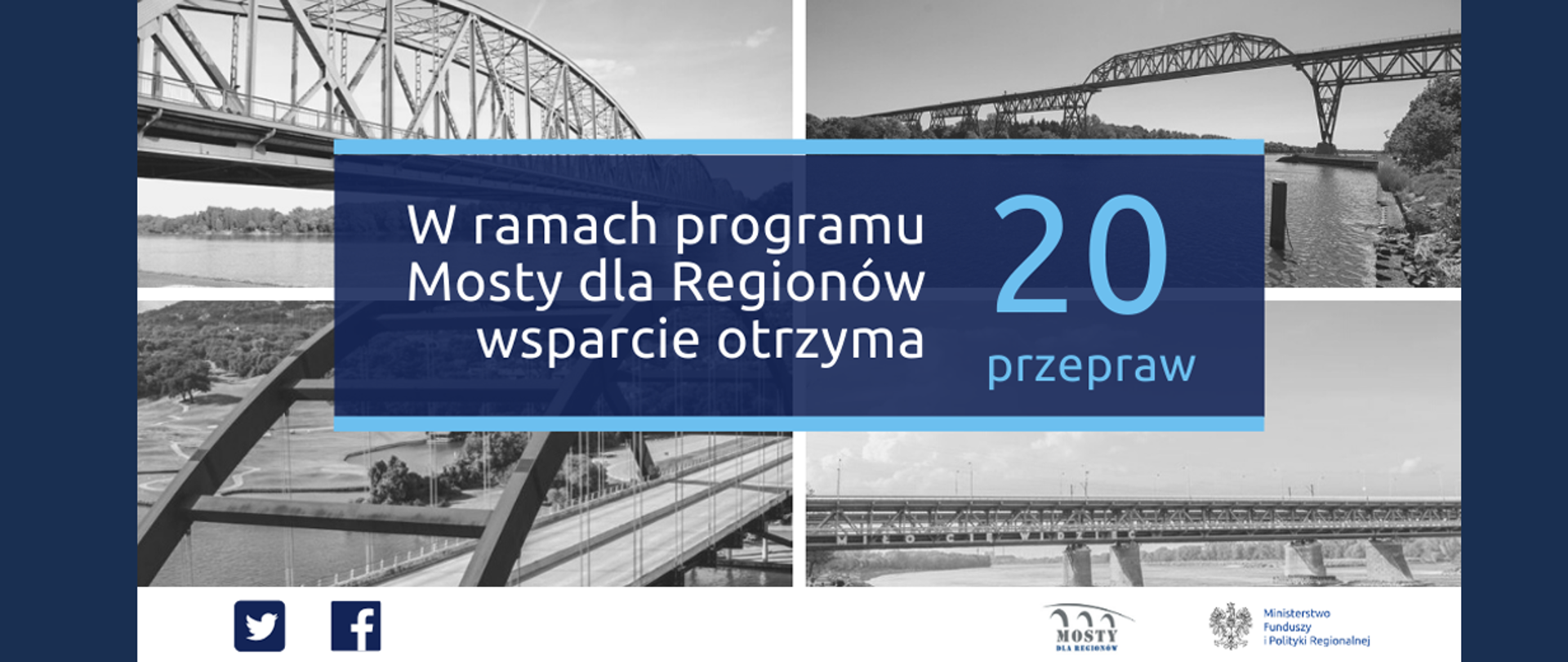 Czarno-białe zdjęcia 4 mostów, na środku napis: w ramach programu Mosty dla Regionów wsparcie otrzyma 20 przepraw.Na dole ikonki Facebooka oraz Twittera, logotypy Ministerstwa Funduszy i Polityki Regionalnej i programu Mosty dla Regionów.