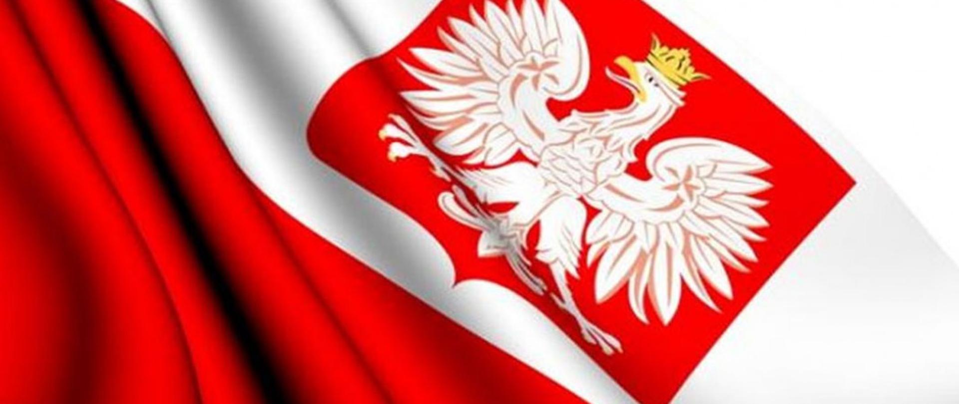 Biało czerwona flaga z godłem polski.