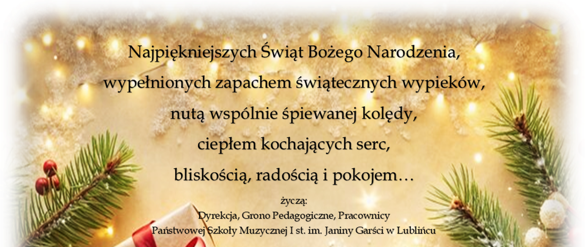 Grafika świątecznych życzeń na Boże Narodzenie 2025 r. w tle gałązki i prezent z czerwoną wstążką