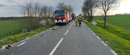 Jezdnia drogi DW 137. Na jezdni widoczne rozrzucone elementy pojazdów. :o lewej stronie jezdni samochody straży pożarnej. Po prawej stronie w rowie srebrny samochód osobowy. Na jezdni strażacy PSP i OSP. W tle widoczna karetka ZRM.